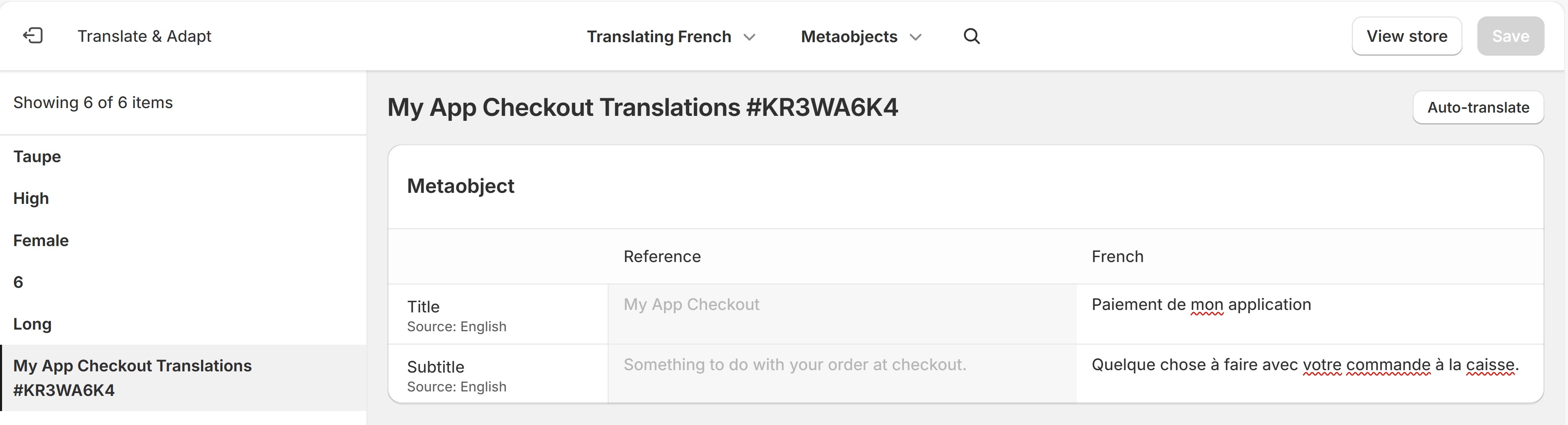 View of our Metaobject in Shopify Translate & Adapt app, from the merchants perspective View of our Metaobject in Shopify Translate & Adapt app, from the merchants perspective
