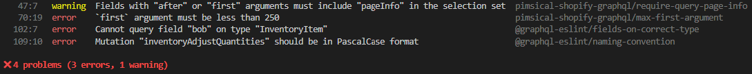 Example of eslint result with errors in GraphQL queries